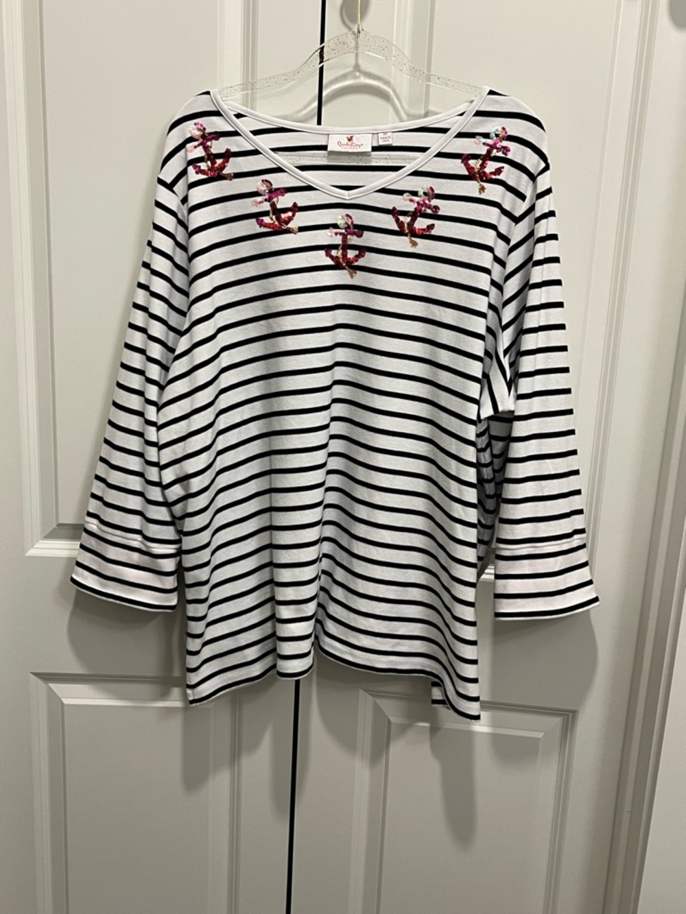 Quacker Factory Black & White Striped Top Size 3X Pink Anchors Nautical
